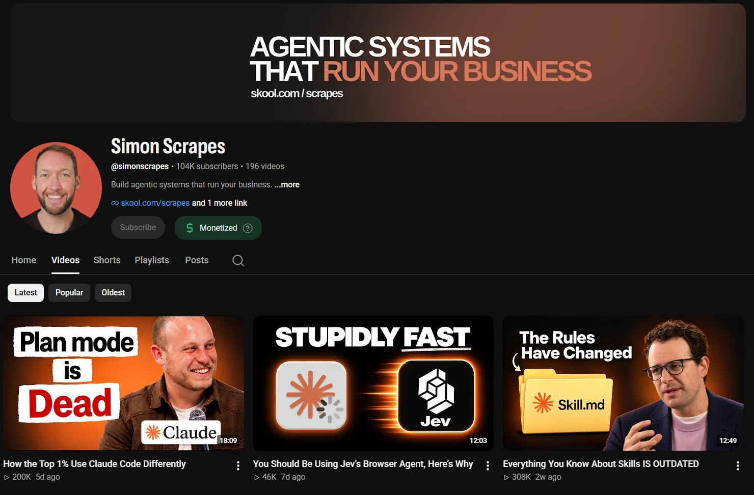 Simon Scrapes YouTube channel page: 104K subscribers, 196 videos